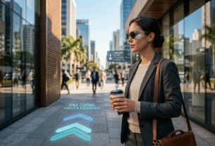 "Pessoa usando Óculos de Realidade Aumentada de última geração com interface digital holográfica refletida nas lentes.
