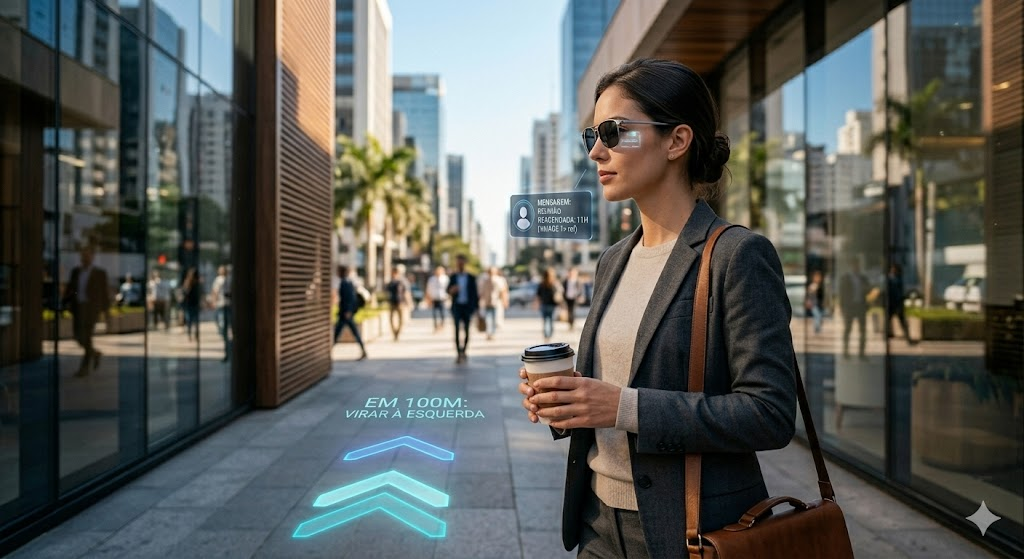 "Pessoa usando Óculos de Realidade Aumentada de última geração com interface digital holográfica refletida nas lentes.