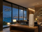 Escultura decorativa moderna que na verdade é um dos novos Roteadores Wi-Fi 7 com designs inovadores em uma sala de luxo.