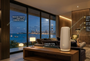 Escultura decorativa moderna que na verdade é um dos novos Roteadores Wi-Fi 7 com designs inovadores em uma sala de luxo.