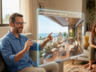 Homem sorrindo na sala de estar enquanto usa óculos modernos de Realidade Estendida (XR) para planejar a decoração da casa.