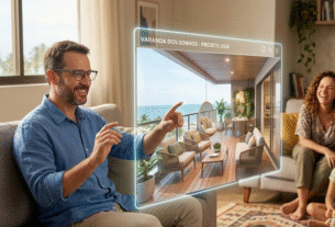 Homem sorrindo na sala de estar enquanto usa óculos modernos de Realidade Estendida (XR) para planejar a decoração da casa.