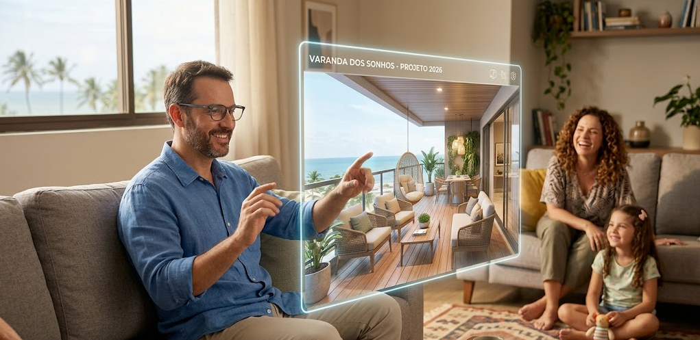 Homem sorrindo na sala de estar enquanto usa óculos modernos de Realidade Estendida (XR) para planejar a decoração da casa.