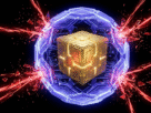 Cubo dourado protegido por um escudo de energia impenetrável, ilustrando o poder da Cibersegurança pós-quântica contra ataques digitais.