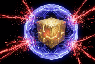 Cubo dourado protegido por um escudo de energia impenetrável, ilustrando o poder da Cibersegurança pós-quântica contra ataques digitais.