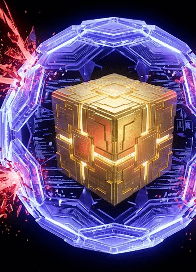 Cubo dourado protegido por um escudo de energia impenetrável, ilustrando o poder da Cibersegurança pós-quântica contra ataques digitais.