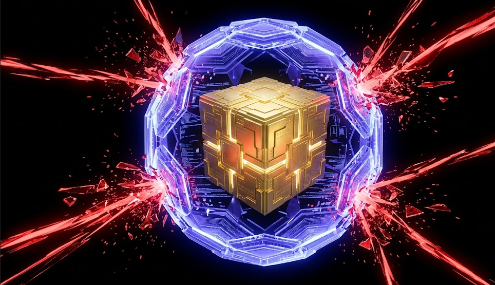 Cubo dourado protegido por um escudo de energia impenetrável, ilustrando o poder da Cibersegurança pós-quântica contra ataques digitais.